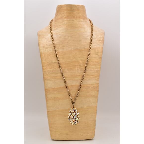 Vintage Crystal Pendant Necklace Open Bezel Aurora Borealis Gold Tone 80s Bin6A - Picture 7 of 11